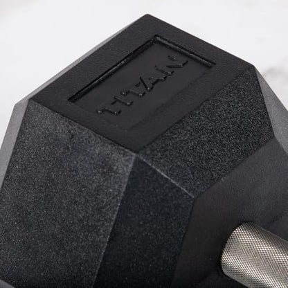 Titan Fitness 75 LB Pair Free Weights, Black Rubber Coated Hex Dumbbell, Straight Stainless Steel Handle, Strength Training, Full Body Workout