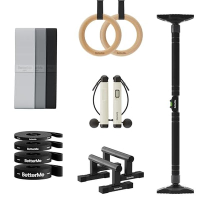 BetterMe Calisthenics Home Studio Kit - Home Gym Calisthenics Equipment Kit with Parallettes Resistance Bands Gymnastics Rings Door Pull Up Bar and Jump Rope - At Home Calisthenics Equipment