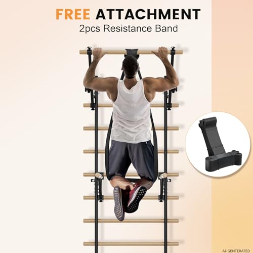 Swedish Ladder Wall Gym, Stall Bar Home Gym with Adjustable Pull-Up Bar, Dip Bar Attachments & 2pcs Resistance Band, 9 Strategic Rods for for Home, School, Hysical Therapy and Gymnastics