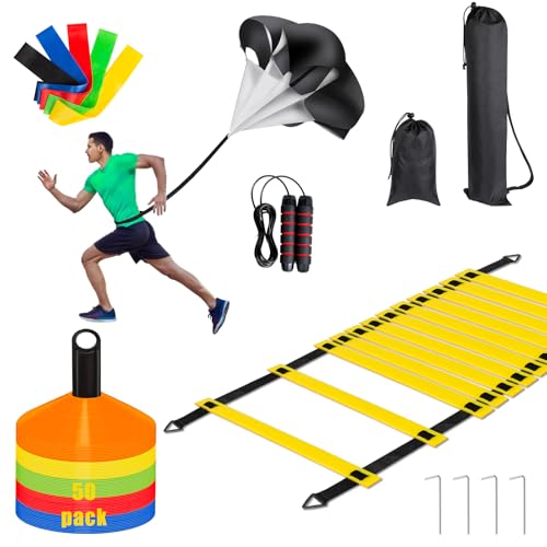 Agility Ladder, Football Training Equipment Set, 20 feet 12 Rungs Speed Ladder,50 Disc Cones,Resistance Parachute, Jump Rope, 5 Resistance Bands for Workout