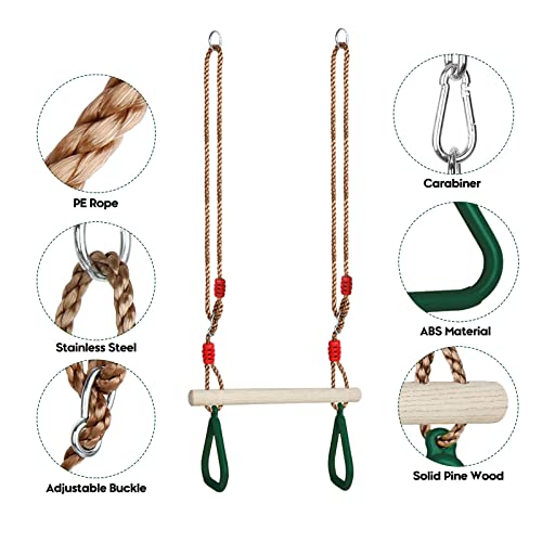 Trapeze Swing Bar with Rings, Wooden Trapeze Swing Bar with Plastic Gym Rings Adjustable Rope, Locking Straps, Outdoor Swing Set Playground Accessories for Kids (Green)