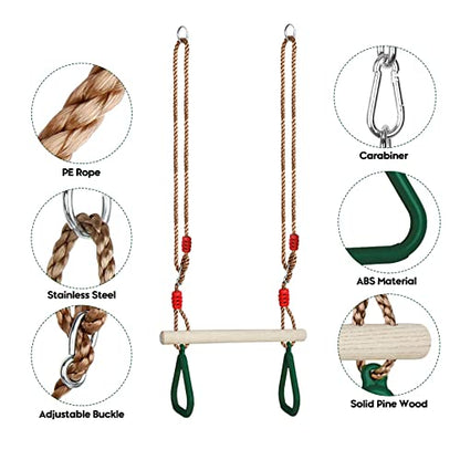 Trapeze Swing Bar with Rings, Wooden Trapeze Swing Bar with Plastic Gym Rings Adjustable Rope, Locking Straps, Outdoor Swing Set Playground Accessories for Kids (Green)