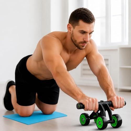 4-Wheel Ab Rollers (With Knee Pads) - Core Strength Training Ab Exercise Wheel, Unisex Stable Ab Training Equipment, Non-Slip Handles, Smooth Ball Bearings, Portable Home Fitness Tool