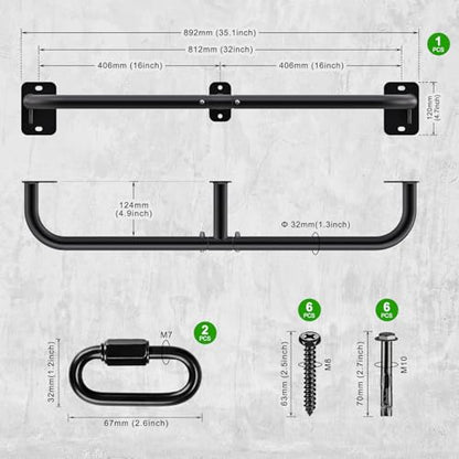 SELEWARE Heavy Duty Wall Mount Pull Up Bar, Joist Mount Chin Up Bar for Doorway, Sturdy Steel Construction, w/Resistance Band Hooks, Fits 32"/36" Wall Studs for Home Gym Strength Training - size: A: 32" x 1.3" Dia Grip