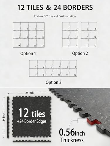 Mikolo 0.56'' Thick 12 Pcs 48 Sq Ft Gym Flooring Mats, High-Density EVA Foam with Rubber Top, Interlocking Exercise Equipment Mats for Home Gym, Protective Workout Mat