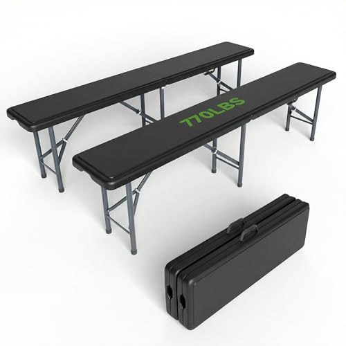 6FT Folding Bench - Heavy Duty 770lbs Capacity, Safety Locking Button & Wider Carrying Handle, Foldable Portable Bench for Outdoor, Picnic, Storage, Camping - Black, 2 Pack - color: Black, size: 2 PACK