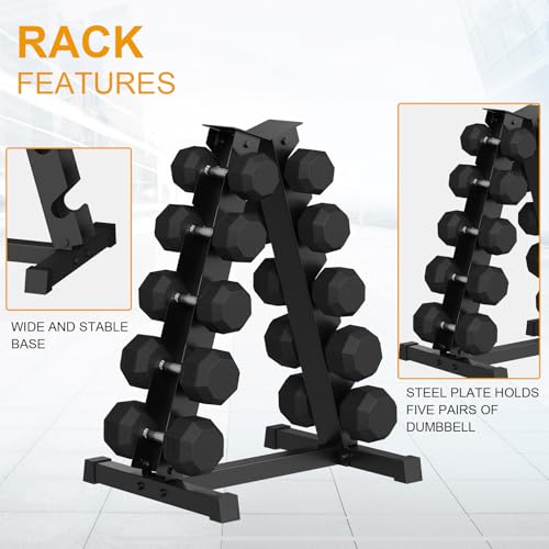 Premium Rubber Coated Hex Dumbbell Set with Rack, 350LB (25-45Lb, 5 Pairs) Weight Set for Home Gym, Multiple Sizes & Packages, Exercise & Fitness Dumbbells for Muscle Toning, Strength Building & Full