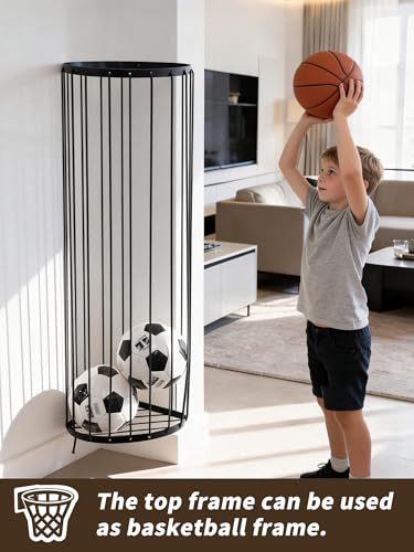 Garage Ball Storage Rack - Wall Mounted Corner Ball Holder with Elastic Cords, Large Capacity Sports Organizer for Basketball, Soccer, Football, Volleyball, Black