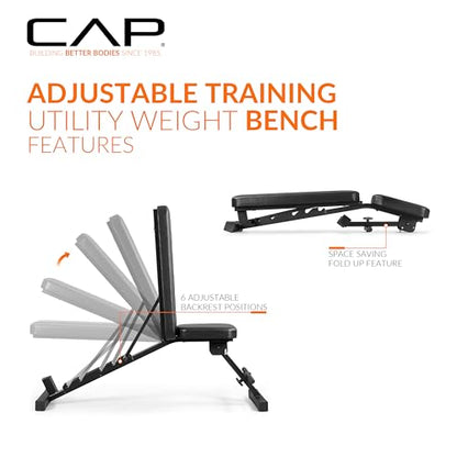 CAP Barbell Adjustable Training Utility Weight Bench | Foldable Multi-Position Incline/Flat Bench with 6 Backrest Settings, Thick Padding & 600 LB Capacity | Home Gym Workout Bench