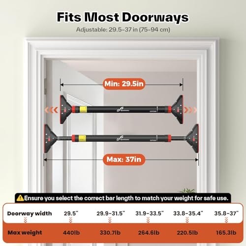 Pull Up Bar for Doorway: Sportneer Strength Training Pull-up Bars without Screw - Adjustable Width Locking Mechanism Chin Up Bar, Thickened Steel Max Limit 440 lbs Upper Body Fitness Pullup Bars for Home (Black-Red)