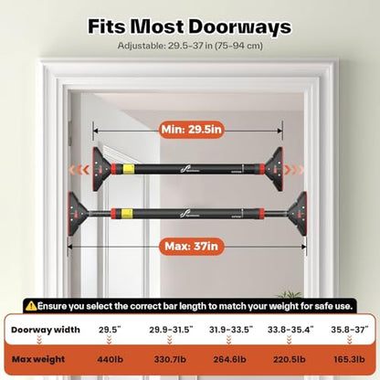 Pull Up Bar for Doorway: Sportneer Strength Training Pull-up Bars without Screw - Adjustable Width Locking Mechanism Chin Up Bar, Thickened Steel Max Limit 440 lbs Upper Body Fitness Pullup Bars for Home (Black-Red)