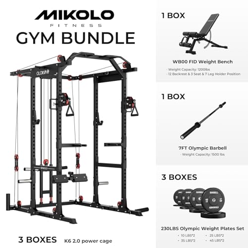 Mikolo K6 2.0 Power Cage, Power Rack with Cable Crossover System, 2000LBS Squat Rack with LAT Pull Down System, Functional Trainer with Aluminum Pulley System for Home Gym