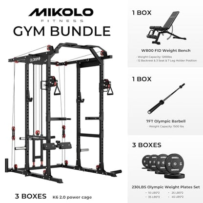 Mikolo K6 2.0 Power Cage, Power Rack with Cable Crossover System, 2000LBS Squat Rack with LAT Pull Down System, Functional Trainer with Aluminum Pulley System for Home Gym