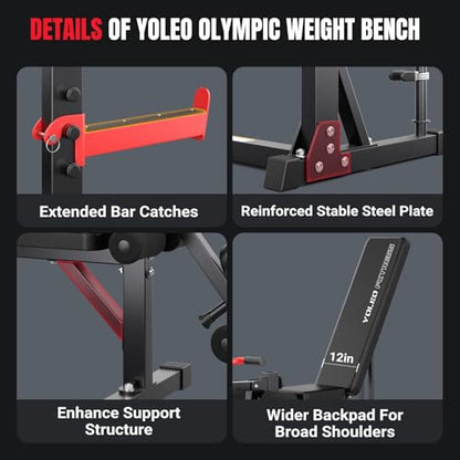 YOLEO 880-1980Lbs Standard/Olympic Weight Bench with Rack, Foldable Bench Press Set Home Gym Strength Series for Beginner/immediate/Advanced Fullbody Workout