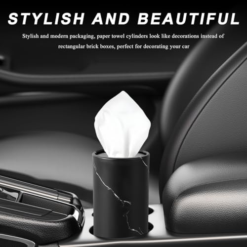 4PCS Car Tissue Holder, Car Cup Holder Convenient Travel Tissue Tube Box with Facial Tissues, Portable Round Tissues Holder Paper Towel Cylinder for Car Home Office (Marble Black)