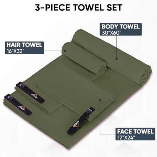 Microfiber Travel Towel, Ultra Absorbent Quick Dry Towels, Lightweight Gym Sports Camping Towel for Workout, Yoga, Beach, Shower, Swimming (Combo, Army Green)