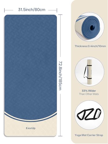 EaseUp Extra Thick Yoga Mat -2/5 inch (10MM), 72.8x31.5" Extra Long-Wide, Professional TPE Non-slip yoga mats for Yoga,Exercise, Workout,Pilates and Fitness, with strap