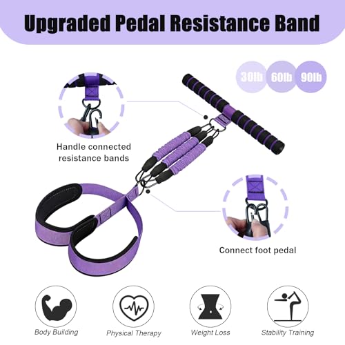 Pedal Resistance Band with Handle, Upgraded 3 Tube Adjustable Foot Pedal Resistance Band, Natural Rubber Exercise Bands for Abdomen, Waist, Arm, Leg Stretching Training