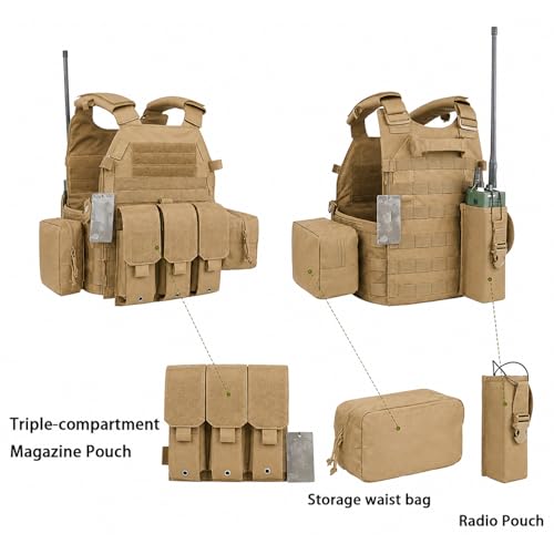 Tactical Vest for Airsoft & Paintball, Adjustable MOLLE Plate Carrier with Patch Panels for Hunting & Outdoor Training - color: Tan