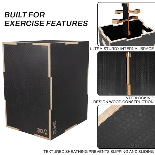 Fitvids 16" x 14" x 12" Non-Slip Wooden Plyo Box Jump Exercise Platform, Plyometric Workout Equipment for Home Gym, Training Step Box, Black