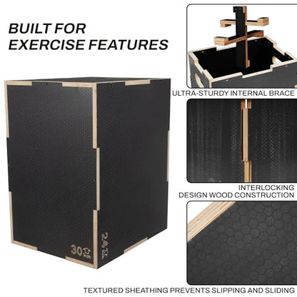 Fitvids 16" x 14" x 12" Non-Slip Wooden Plyo Box Jump Exercise Platform, Plyometric Workout Equipment for Home Gym, Training Step Box, Black
