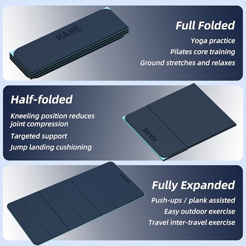 HAHE Foldable Yoga Exercise Mat, 74"Lx32"Wx1/3"Thick, TPE Multi-purpose Workout Mats with Non-slip Surface, Portable for Yoga/Pilates/Studio/Home Gym