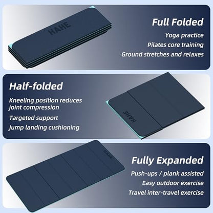 HAHE Foldable Yoga Exercise Mat, 74"Lx32"Wx1/3"Thick, TPE Workout Mat - color: Navy Blue+Green