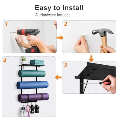 Yoga Mat Holder Wall Mount, Wall Mounted Yoga Mat Storage Rack with Shelf & Hooks, Home Gym Yoga Accessory Organizer for Mats, Foam Roller, Bands & Workout Equipment