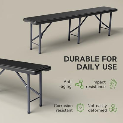 6FT Folding Bench - Safety Lock Button, 770lbs Heavy Duty Capacity with Wider Carrying Handle, Foldable Portable Bench for Outdoor, Picnic, Storage and Camping - Black, 1 Pack