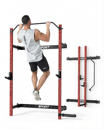 Folding Squat Rack Wall Mounted, 1000LBS Foldable Squat Rack for Home Gym and Garage, 2.4x2.4in Thick Steel with Pull Up Bar, J Hooks & Landmine Attachments, Space Saving Home Gym Power Cage