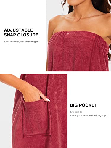 Knuffnee Women Bath Towel Robe Spa Body Wrap Shower Bathrobe Adjustable Snap Closure - color: Wine Red, size: Large