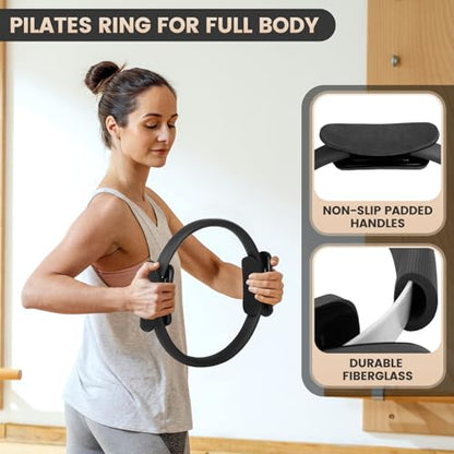 Pilates Essentials Kit for Home Workouts Women, Black Pilates Equipment Set with 9 Inch Yoga Ball, Pilates Slider, Resistance Band, yoga straps for stretching, Pilates Ring and Ball Set for Beginners