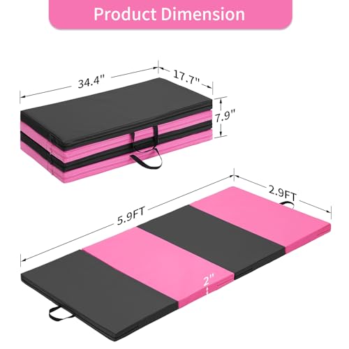 ZENOVA Gymnastics Mat 6'x3'x2''/4'x8'x2'' Exercise Mat Gym Mat for Home Aerobics Workout Foldable Tumbling Mat Children Gifts - color: 3FT x 6FT-- Pink&Black