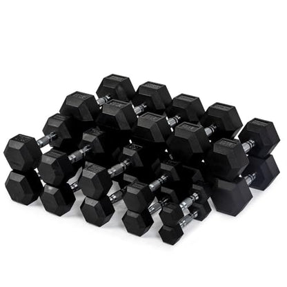 Titan Fitness Rubber Hex Dumbbells, 5 LB-50 LB Set of Pairs, Roll-Resistant Hexagonal Free Weights, Hex Dumbbell Set with Chrome-Coated Handles, Free Weight Set, Strength Training Equipment