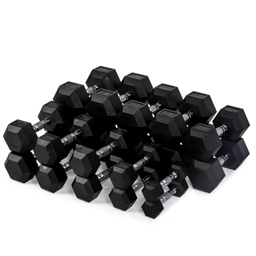Titan Fitness Rubber Hex Dumbbells, 5 LB-50 LB Set of Pairs, Roll-Resistant Hexagonal Free Weights, Hex Dumbbell Set with Chrome-Coated Handles, Free Weight Set, Strength Training Equipment