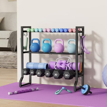 VOPEAK 3 Tier Dumbbell Rack, 400LB Capacity Dumbbell Rack Stand with 4 Hooks, Space-Saving Weight Rack for Home Gym, Weight Storage Organizer for Kettlebells (Rack Only)