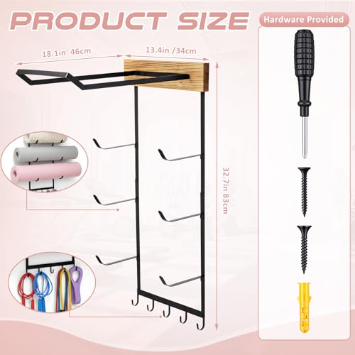 Yoga Mat and Ball Holder Wall Mount, 4-Tier Yoga Mat & Ball Storage Rack, Home Gym Organizer, Black Metal Floating Shelf for Hanging Foam Rollers & Resistance Bands(5 Hooks Style,Wood Color)