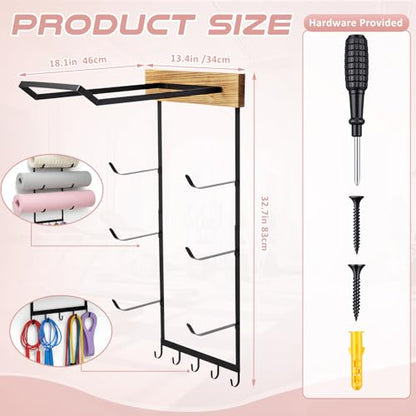 Yoga Mat and Ball Holder Wall Mount, 4-Tier Yoga Mat & Ball Storage Rack, Home Gym Organizer, Black Metal Floating Shelf for Hanging Foam Rollers & Resistance Bands(5 Hooks Style,Wood Color)