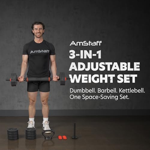 AmStaff 3-in-1 Adjustable Dumbbell, Kettlebell, Barbell Set, 2-43lbs, 12 Weight Levels, Compact Multifunctional Home Gym, Enhanced Transition, Safety Lock, Nonslip Handle
