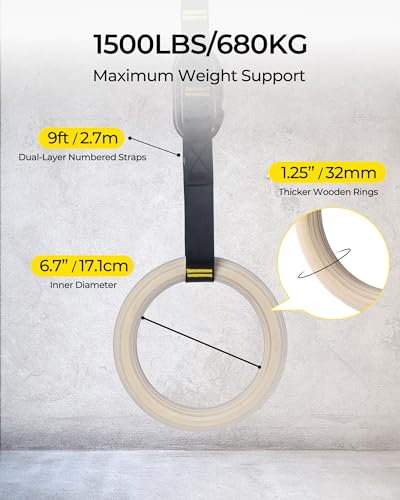 Gymnastics Rings 32mm Wooden Olympic Rings Support 1500lbs Locked Carabiners 9ft Double-Layer Numbered Straps Non-Slip Gym Rings with Foot Straps Door Anchor for Home Gym Full Body Workout
