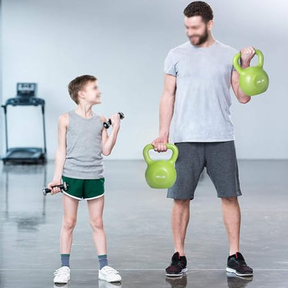 15 lbs Kettlebell, Green Vinyl Coated with Wide Handle for Strength Training, Body Building, Yoga, Fitness