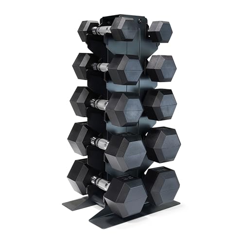 CAP Dumbbell Set with Rack, Rubber Coated Hex Free Weight Set | 100–300 lb Options, Vertical Space-Saving Storage for Home Gym Strength Training - size: 150 lb Set - Black Rack, style: Chrome Handle