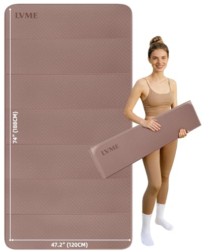 Large Yoga Mat, 74"x47.2" Extra Wide & Long Foldable Yoga Mat, 0.4" Thick Folding Yoga Mat, 2-Person Workout Mat for Home Gym, Extra Large Non-Slip Fitness Mat for HIIT, Yoga, Stretching, Portable Design for Easy Storage - color: Brown+Apricot