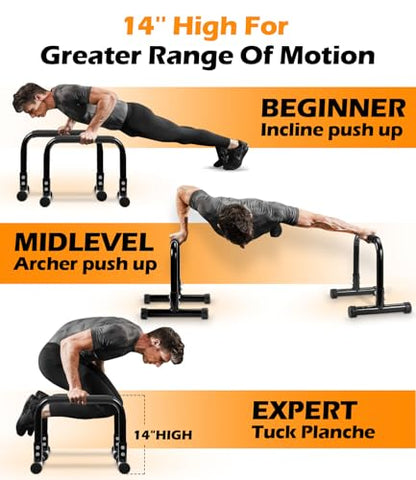 Push Up Bar, 14'' High Steel Parallettes & Dip Bar with Full Coverage Foam Handle, Heavy-Duty Calisthenics Parallel Bars for L-Sit, Dips, Home Gym Strength Training Workout