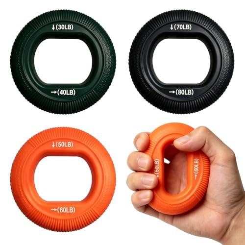 Grip Strength Trainer (30-80lbs) - 6 Resistance Levels, 3PCS Silicone Hand Grip Strengthener Rings for Rock Climbing, Athletes, Finger Workout & Stress Relief - Double Force Design