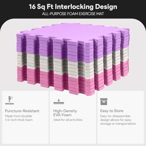 BalanceFrom 16-Pack 12x12 Inches EVA Interlocking Foam Play Tile Mat, Pink/Purple/Beige – 0.4-Inch Thick Non-Slip Puzzle Flooring for 16 Square Feet in Playroom, Nursery, or Playpen at Home