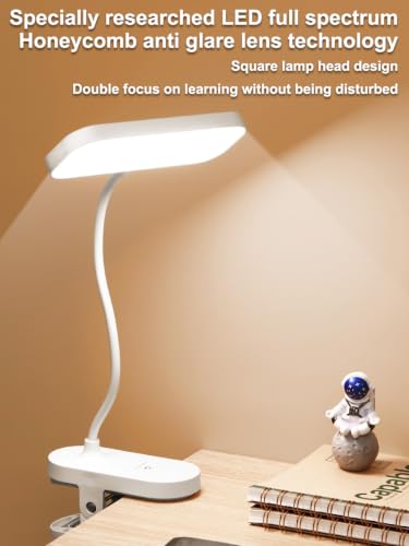 Desk Lamp Clip on Light, Adjustable Desk Light with Flexible Gooseneck and 3 Color Modes, Dimmable Reading Lamp for Study, Office, and Craft Work, USB Powered Task Lights with Secure Clamp, White