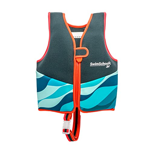 SwimSchool Kids Swim Trainer Vests for Toddlers Ages 2-6 – Boys/Girls – Multiple Colors/Styles – Learn to Swim Floaties - color: M/L Blue/Black/Green Wave Swim Vest