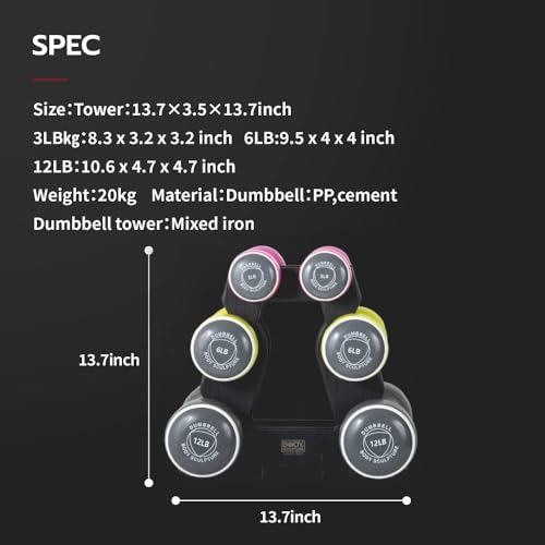 Body Sculpture hand weights set Free‑Weight Dumbbell Set with Rack Set includes 3, 6 and 12 lb weights ideal for men and women for small and large muscle groups