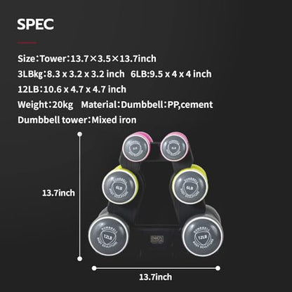 Body Sculpture hand weights set Free‑Weight Dumbbell Set with Rack Set includes 3, 6 and 12 lb weights ideal for men and women for small and large muscle groups